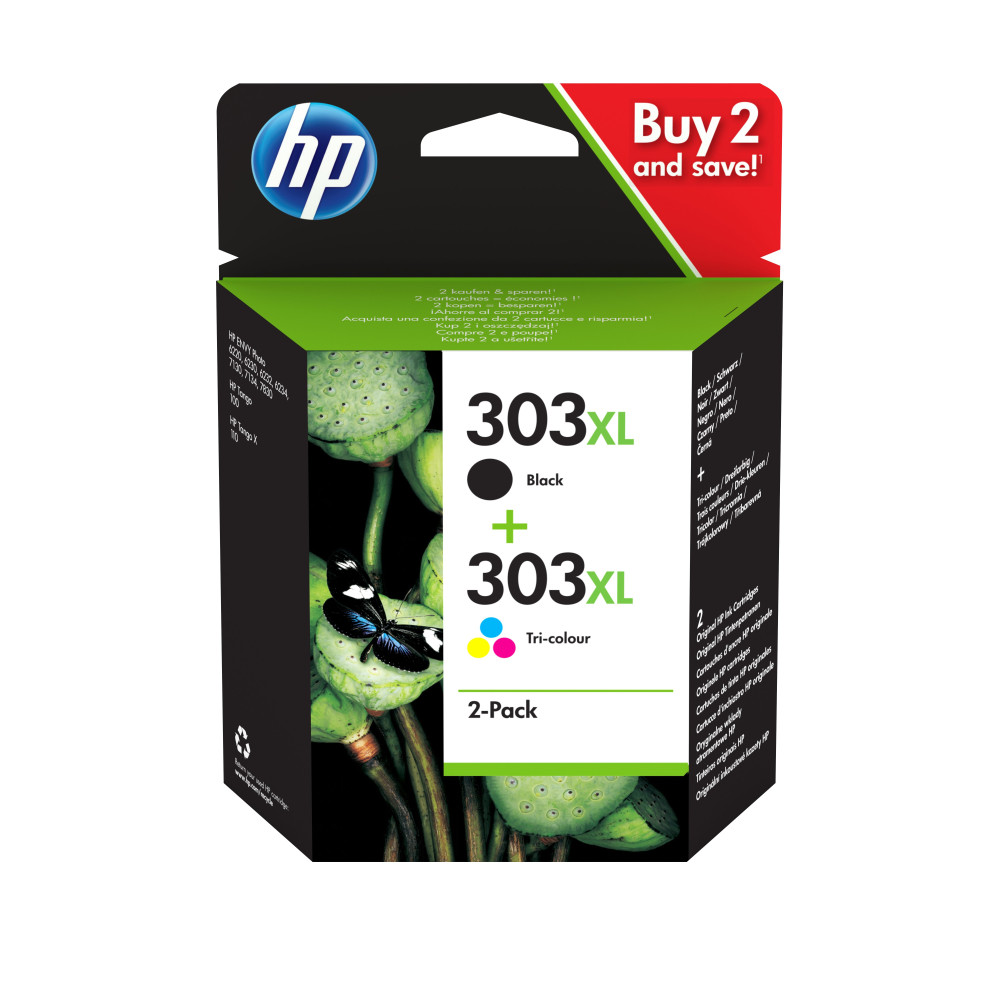 HP Confezione da 2 cartucce di inchiostro nero/in tricromia originali ad alta capacità 303XL HP Confezione da 2 cartucce di inchiostro nero/in tricromia originali ad alta capacità 303XL