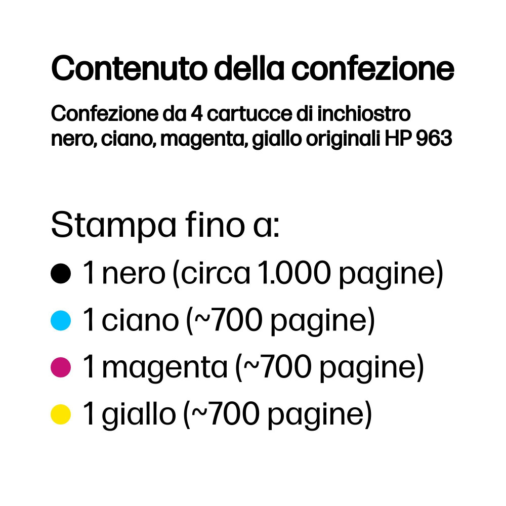 HP Confezione da 4 cartucce di inchiostro nero, ciano, magenta, giallo originali 963 HP Confezione da 4 cartucce di inchiostro nero, ciano, magenta, giallo originali 963