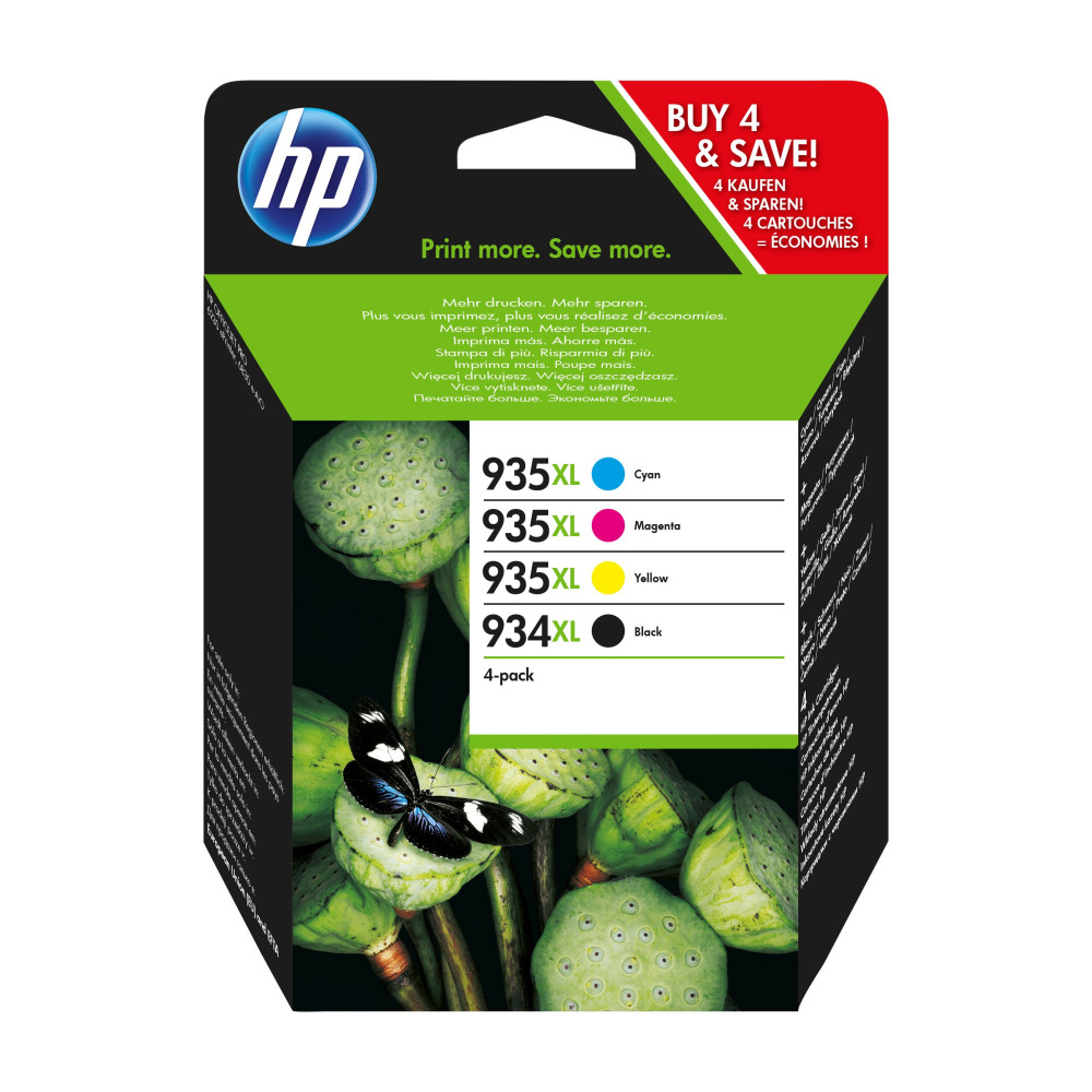 HP Confezione da 4 cartucce di inchiostro originale ad alta capacità 934XL nei colori nero/935XL ciano/magenta/giallo HP Confezione da 4 cartucce di inchiostro originale ad alta capacità 934XL nei colori nero/935XL ciano/magenta/giallo