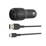 CARICABATTERIE AUTO DUE PORTE USB-A + CAVO USB-A A USB-C 1M - NERO